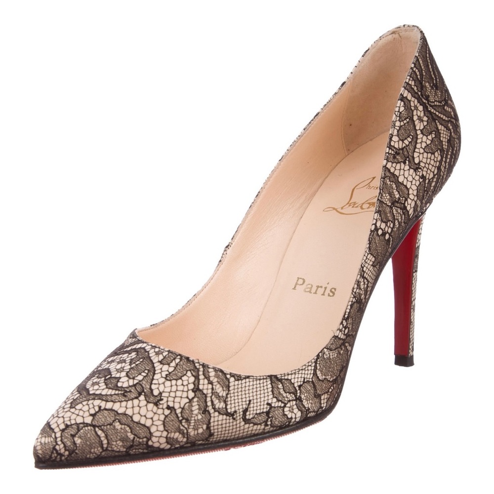 4.25” Christian Louboutin Black Lace Pigalle pointed toe pumps